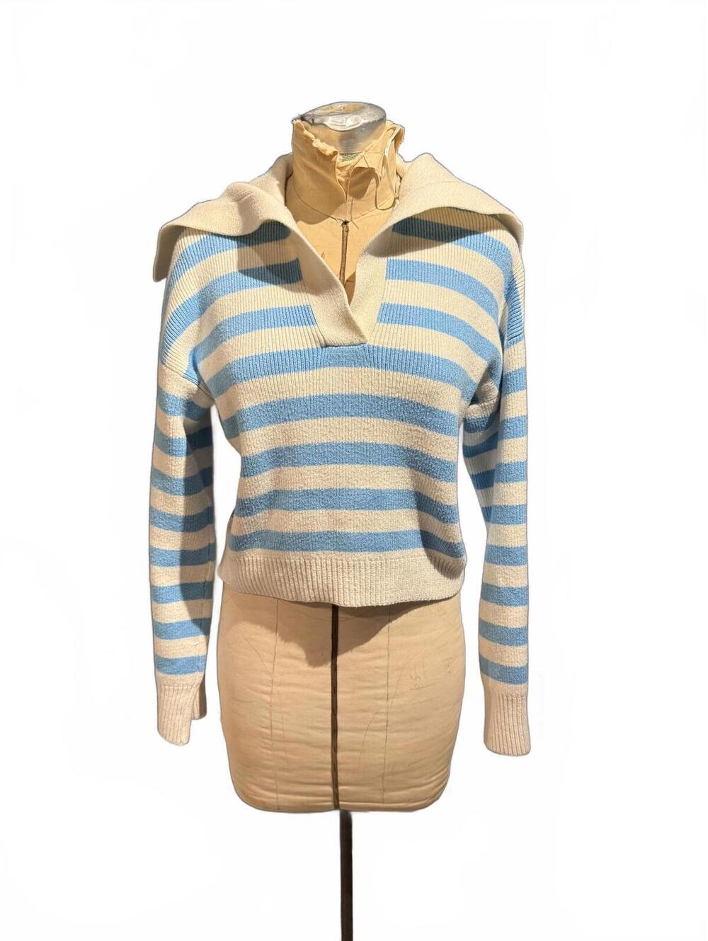 Sincerely Jules Striped Blue and Cream Knit Sweater with Wide Collar